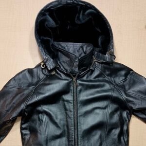 Leather Man Vintage Genuine Leather Zip Up Moto Bomber Hooded Jacket Coat Large